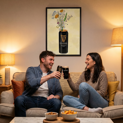 Glassware UK artwork titled "Guinness & Flowers" featuring a floral design with glassware elements on a table.