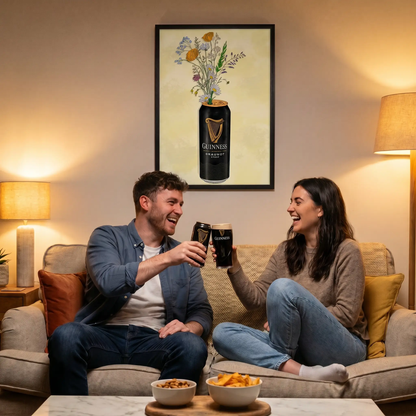 Glassware UK Guinness and flowers artwork featuring a glass of Guinness beer surrounded by colorful flowers in a vibrant, artistic design.