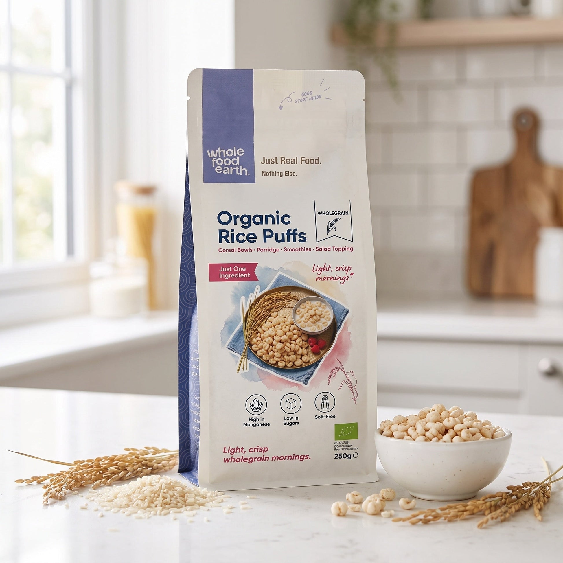 Organic rice puffs from Whole Food Earth in a bowl, showcasing light, crispy grains of organic rice cereal.