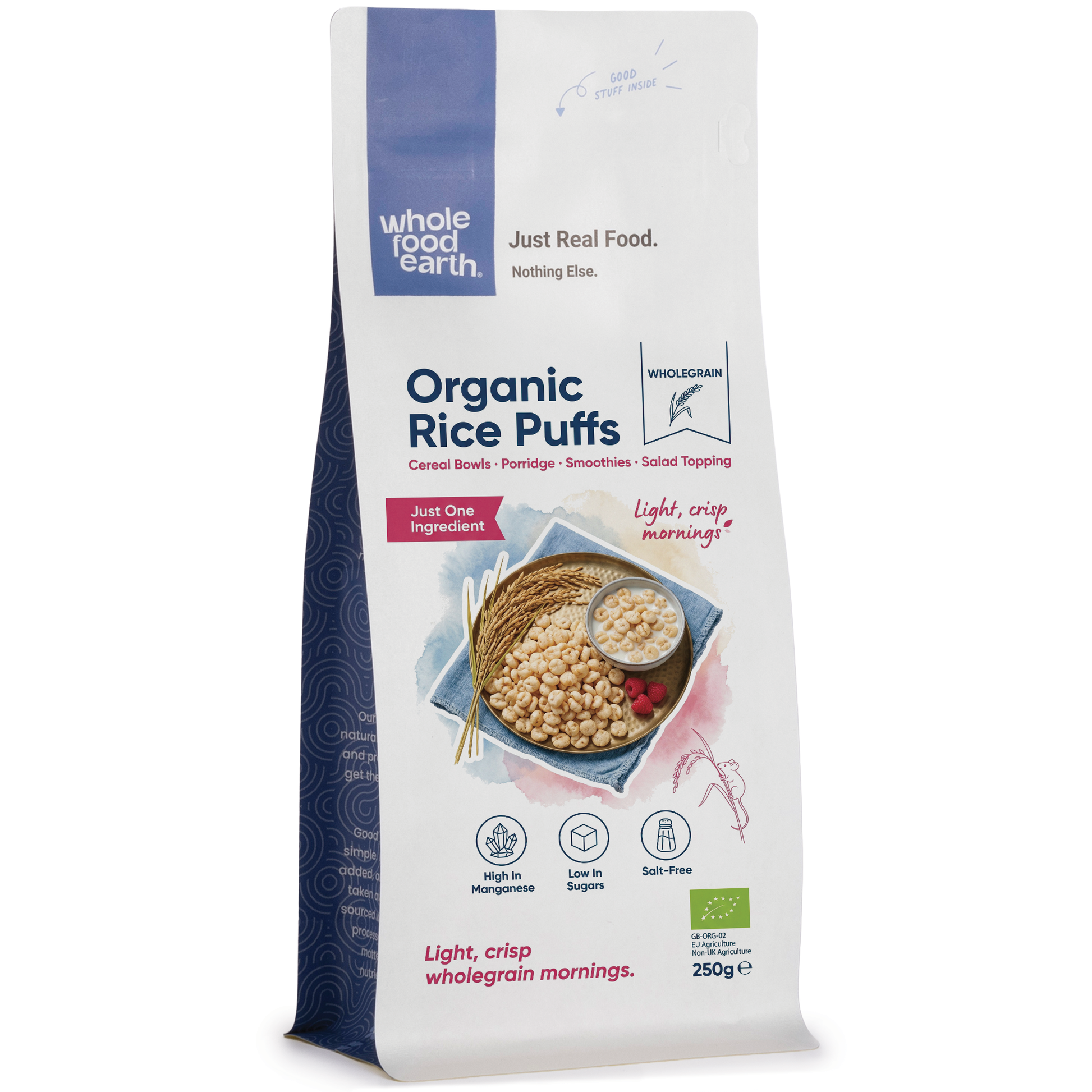 Organic rice puffs in a Whole Food Earth pouch, crispy grains perfect for snacking or cereal.