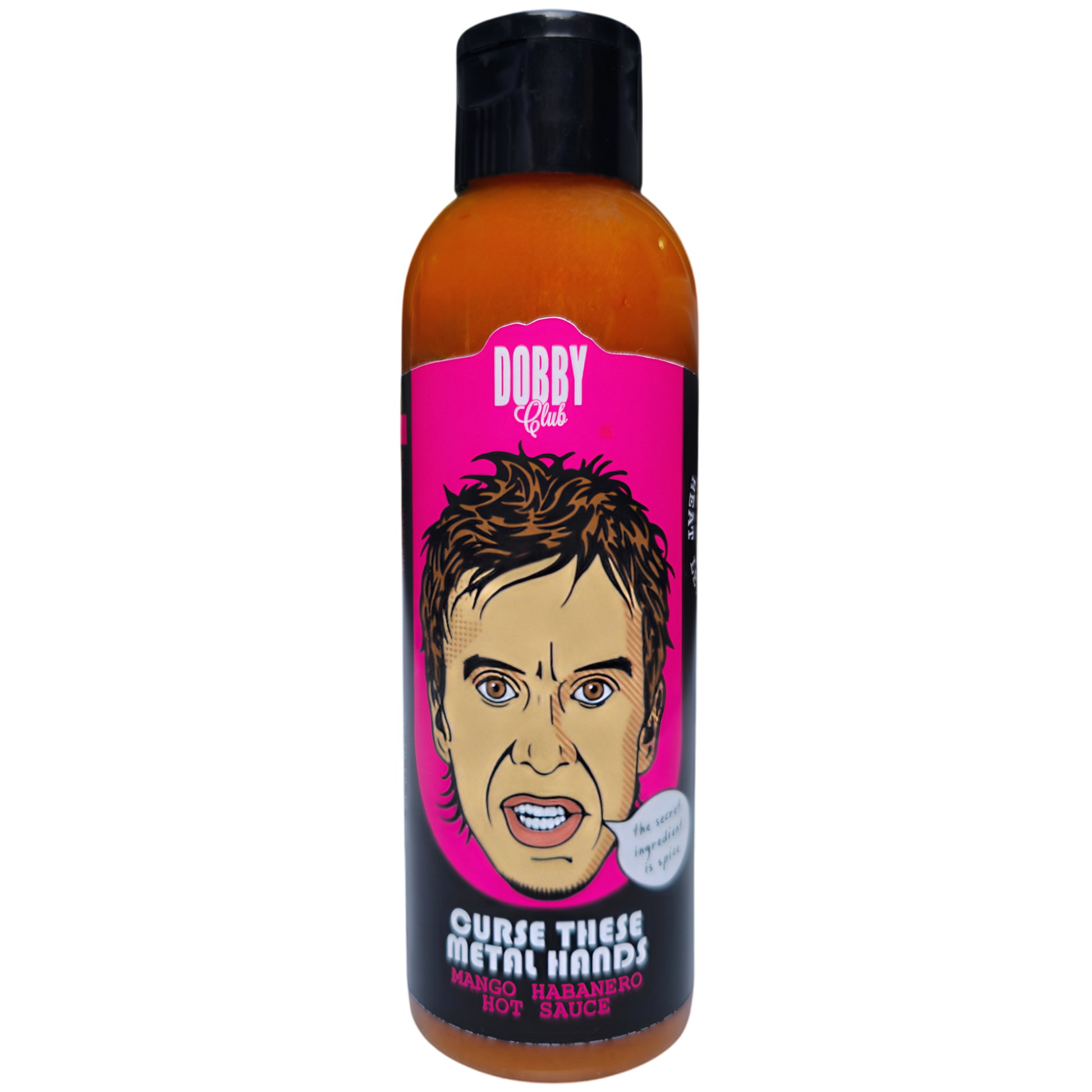 Curse These Metal Hands Dobby Club Edition hot sauce bottle from Lou's Brews, with dark label design and metallic accents.