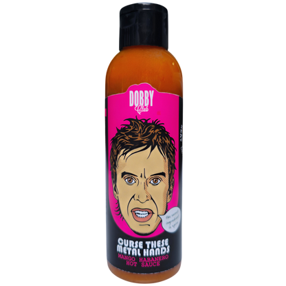 Curse These Metal Hands Dobby Club Edition hot sauce bottle from Lou's Brews, with dark label design and metallic accents.