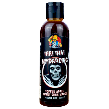 Thai Thai My Darling toffee apple sweet chili hot sauce by Lou's Brews, featuring a vibrant bottle with red and orange chili peppers.