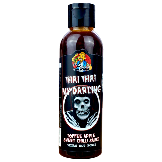 Thai Thai My Darling toffee apple sweet chili hot sauce by Lou's Brews, featuring a vibrant bottle with red and orange chili peppers.