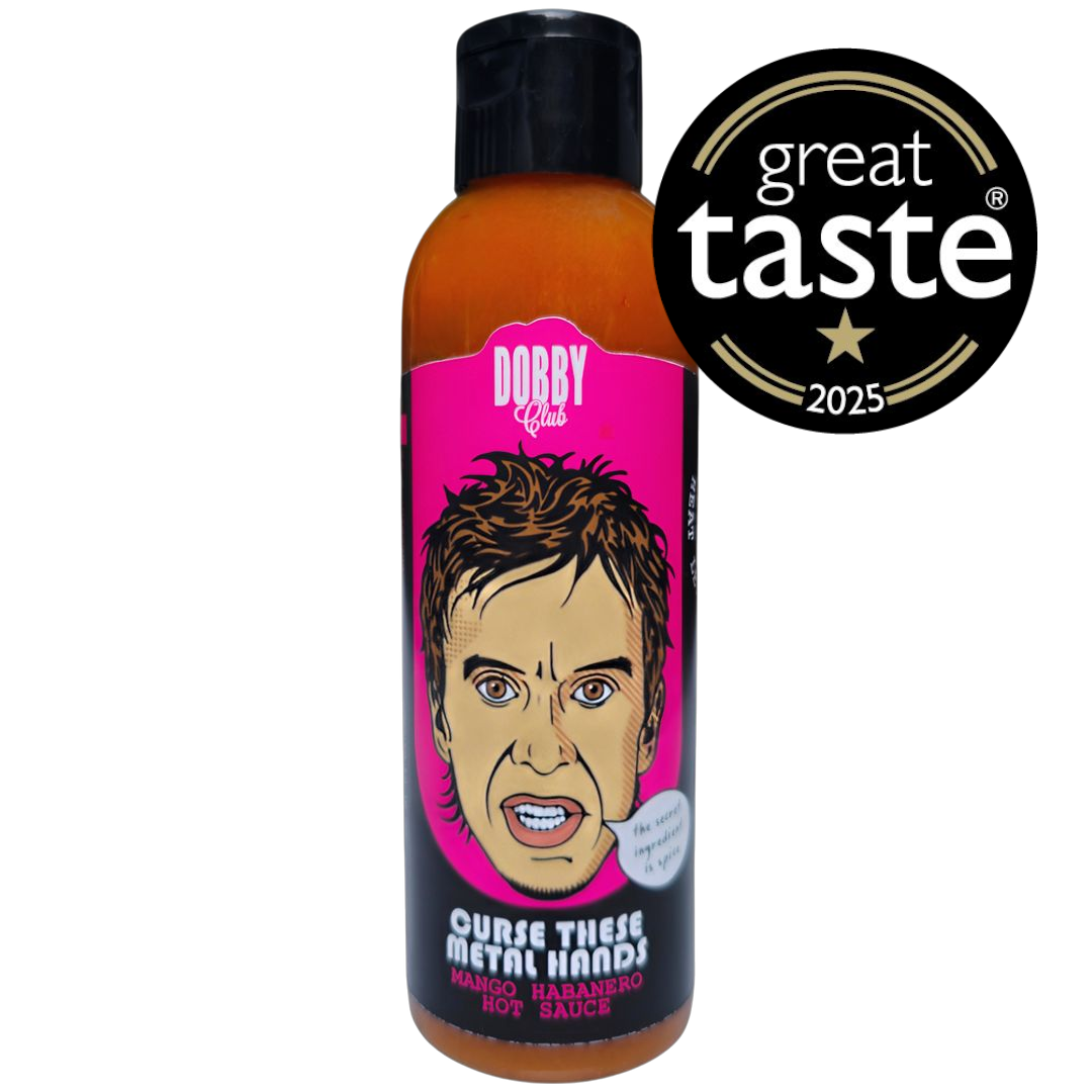 Bottle of Curse These Metal Hands Dobby Club Edition hot sauce by Lou's Brews, featuring a dark label with artistic design.