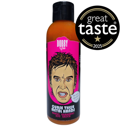 Bottle of Curse These Metal Hands Dobby Club Edition hot sauce by Lou's Brews, featuring a dark label with artistic design.