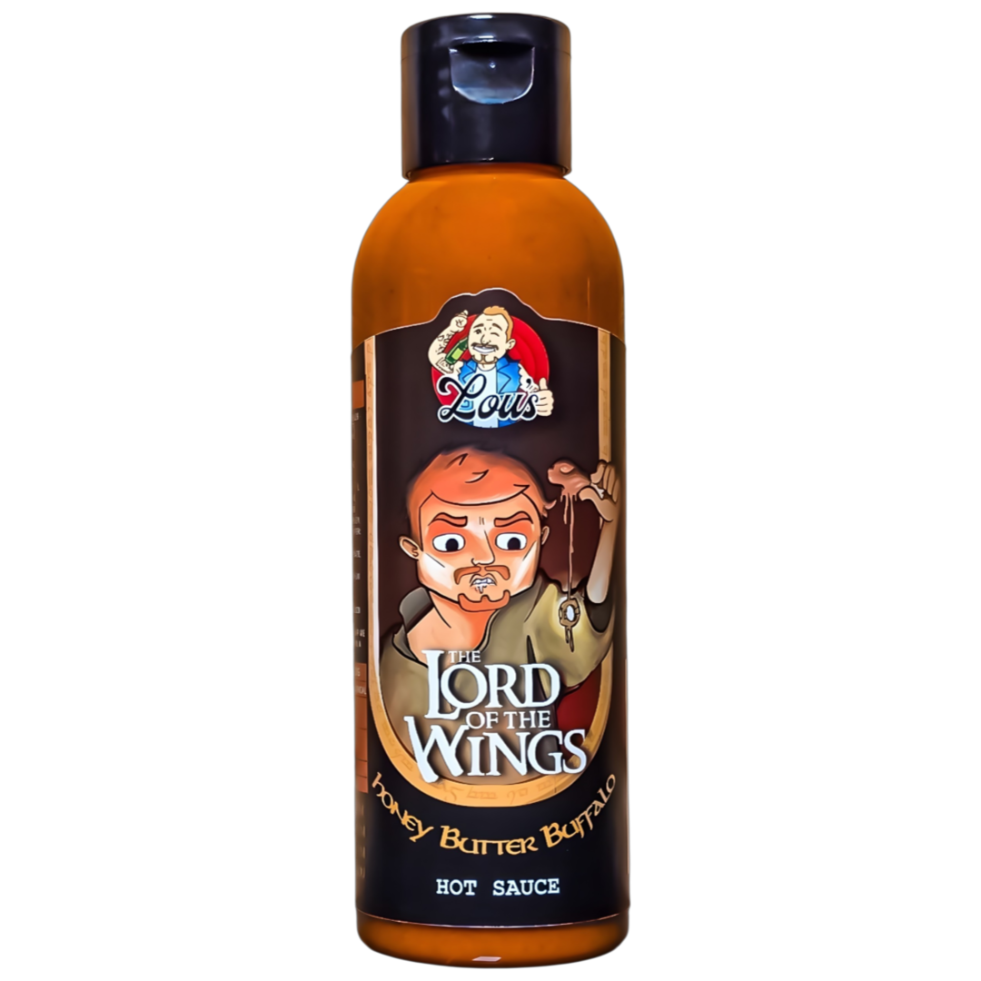 Bottle of Lou's Brews Lord of the Wings Honey Butter Buffalo sauce, a spicy and sweet condiment for wings and snacks