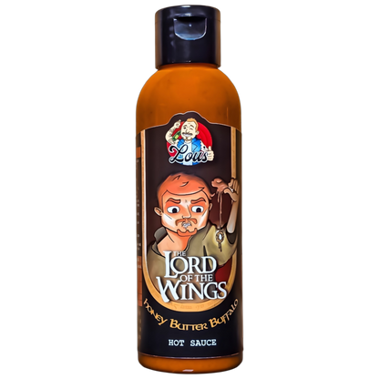 Bottle of Lou's Brews Lord of the Wings Honey Butter Buffalo sauce, a spicy and sweet condiment for wings and snacks