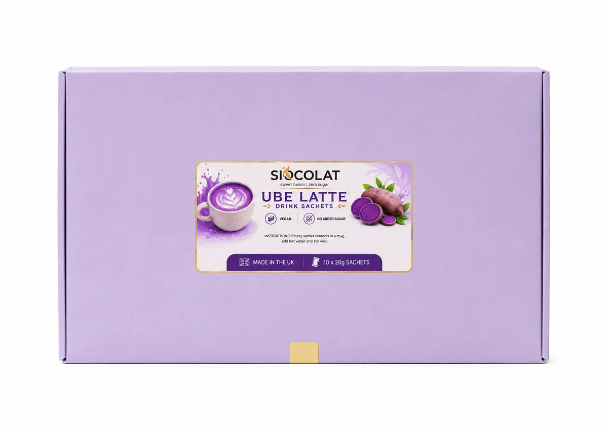 Vegan purple yam instant latte sachets by Siocolat, sugar-free Ube latte drink in colorful packaging.
