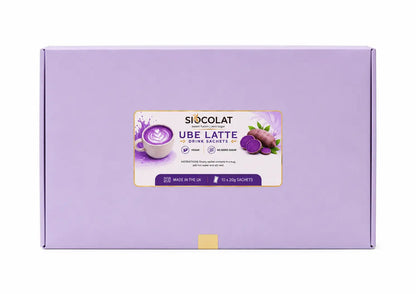 Vegan purple yam instant latte sachets by Siocolat, sugar-free Ube latte drink in colorful packaging.
