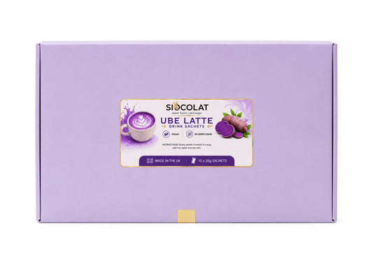 Vegan purple yam instant latte sachets by Siocolat, sugar-free Ube latte drink in colorful packaging.