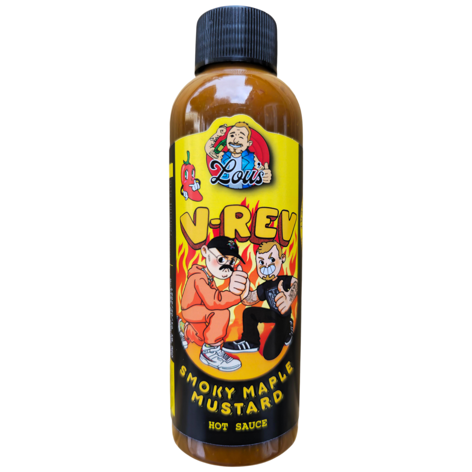 Lou's x V-Rev Smoky Maple Mustard Hot Sauce bottle featuring a vibrant label with mustard and maple syrup imagery.