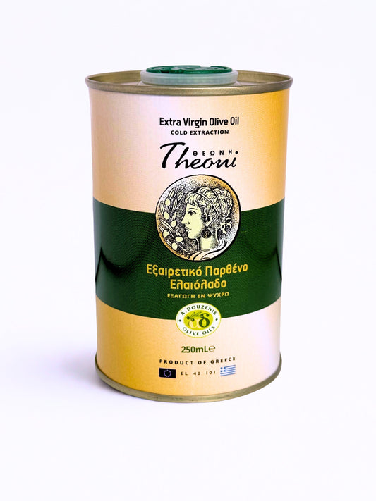 Theoni Extra Virgin Olive Oil 250ml bottle from The Greek Deli Club, showcasing a dark glass bottle on a rustic wooden surface.