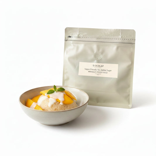 Vegan mango sticky rice dessert mix by Siocolat, with no added sugar, ready to make 4-5 servings, featuring ripe mango and rice.