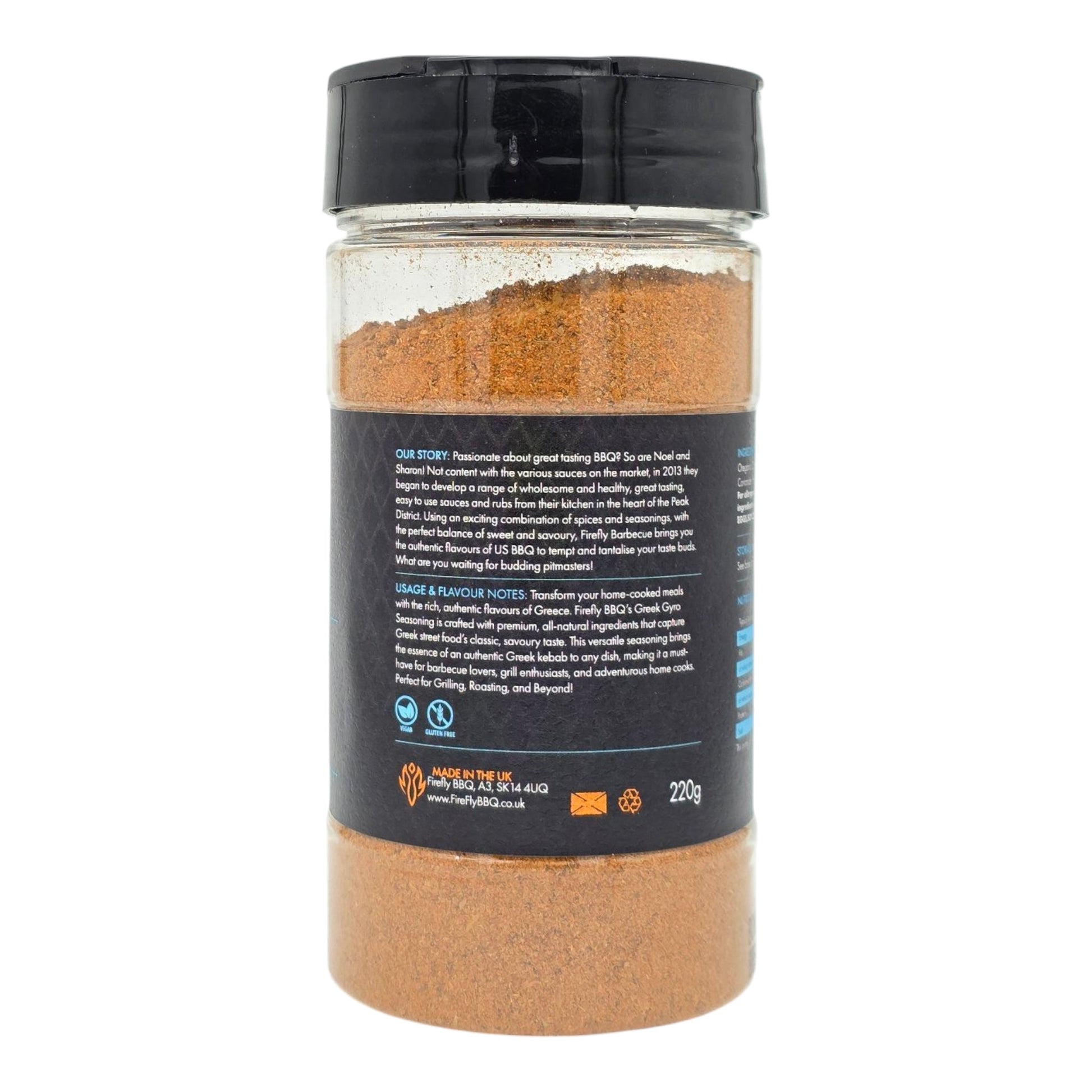 FireFly Barbecue Greek Gyro Spice Seasoning Blend in a jar, showcasing the aromatic Mediterranean BBQ rub with herbs and spices.