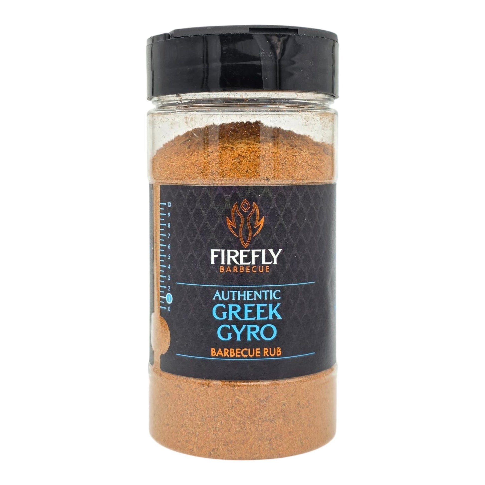 FireFly Barbecue Greek Gyro Spice Seasoning Blend BBQ Rub in a jar with a colorful label and spice mix inside.