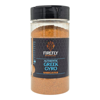 FireFly Barbecue Greek Gyro Spice Seasoning Blend BBQ Rub in a jar with a colorful label and spice mix inside.