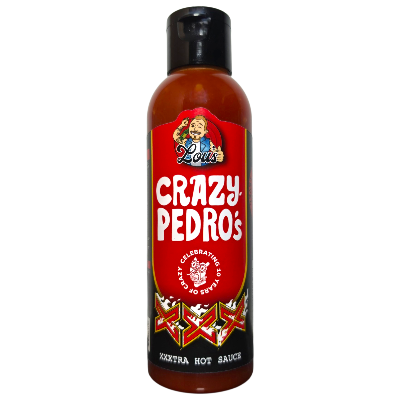 Bottle of Lou's Brews x Crazy Pedros XXX hot sauce with fiery red label and vibrant branding, emphasizing bold flavor and spicy heat.