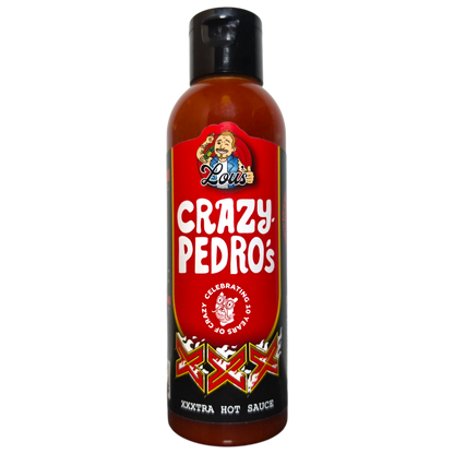Bottle of Lou's Brews x Crazy Pedros XXX hot sauce with fiery red label and vibrant branding, emphasizing bold flavor and spicy heat.