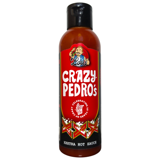 Bottle of Lou's Brews x Crazy Pedros XXX hot sauce with fiery red label and vibrant branding, emphasizing bold flavor and spicy heat.