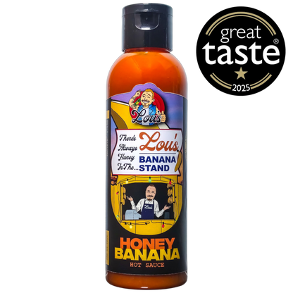 Bottle of Lou's Brews There's Always Honey In The Banana Stand banana and honey sauce, condiment with banana and honey ingredients.