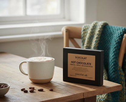 Siocolat organic vegan hot chocolate drink in a cup, showcasing a rich, creamy chocolate beverage without sugar or calories.