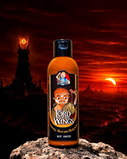 Bottle of Lou's Brews Honey Butter Buffalo sauce from The Lord of the Wings condiment collection, with bright label and golden sauce.