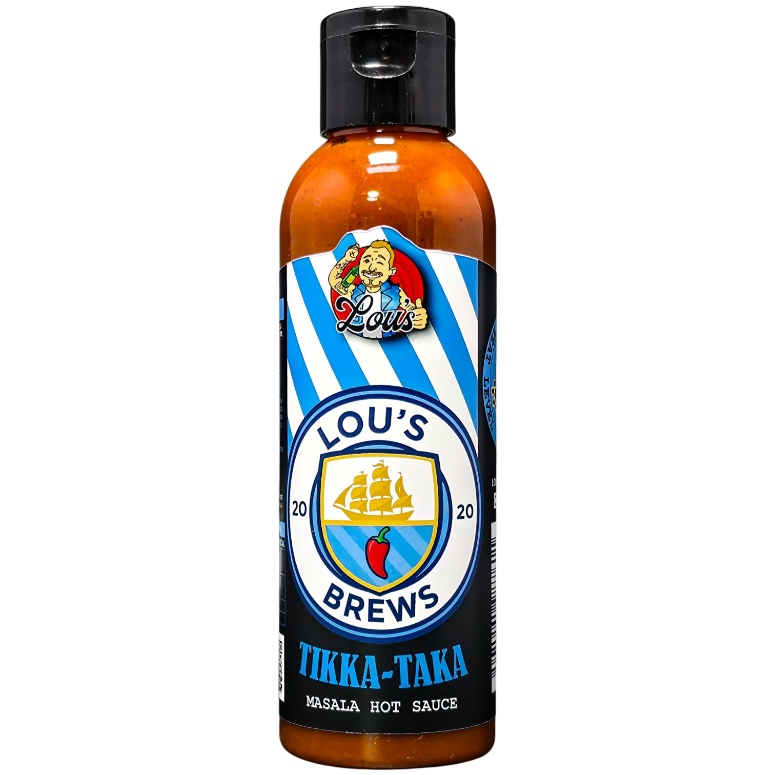 Bottle of Lou's Brews Tikka Taka Masala Hot Sauce with vibrant label and spicy sauce inside, perfect for adding heat to dishes.