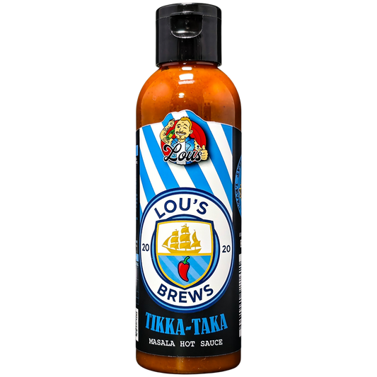 Bottle of Lou's Brews Tikka Taka Masala Hot Sauce with vibrant label and spicy sauce inside, perfect for adding heat to dishes.