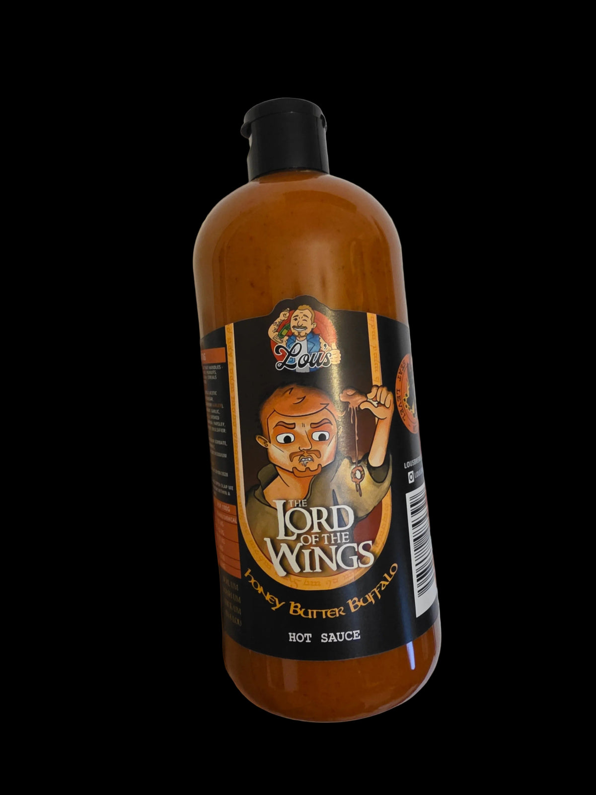 Bottle of Lou's Brews Lord of the Wings Honey Butter Buffalo sauce, showing label and golden sauce inside the condiment bottle.