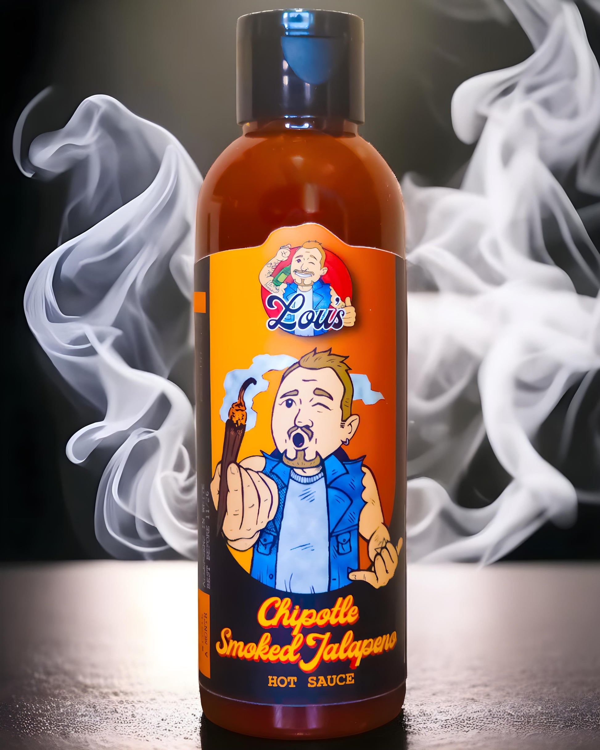 Bottle of Lou's Brews Chipotle Smoked Jalapeno Hot Sauce, spicy condiment with smoky jalapeno peppers in a clear glass bottle
