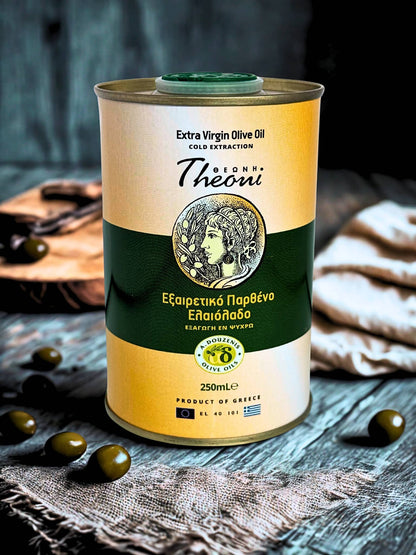 Theoni Extra Virgin Olive Oil bottle from The Greek Deli Club, 250ml, with a clear label and golden olive oil inside.