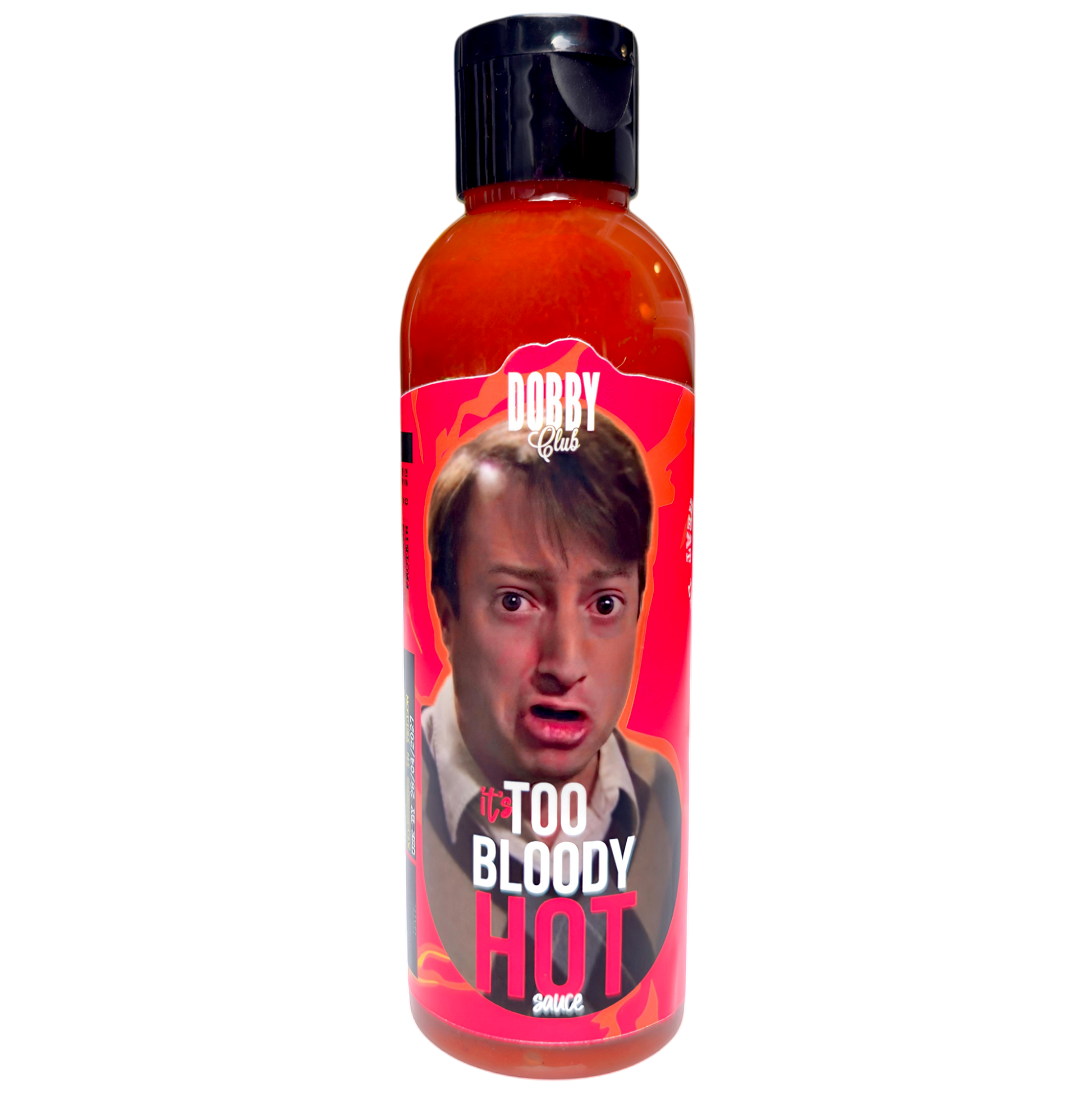 Lou's Brews Dobby Club hot sauce bottle labeled "IT'S TOO BLOODY HOT!" with bright packaging and spicy condiment design.