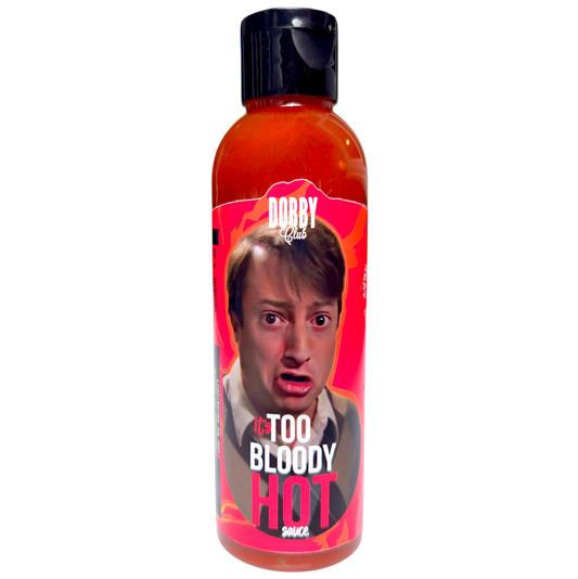 Lou's Brews Dobby Club hot sauce bottle labeled "IT'S TOO BLOODY HOT!" with bright packaging and spicy condiment design.