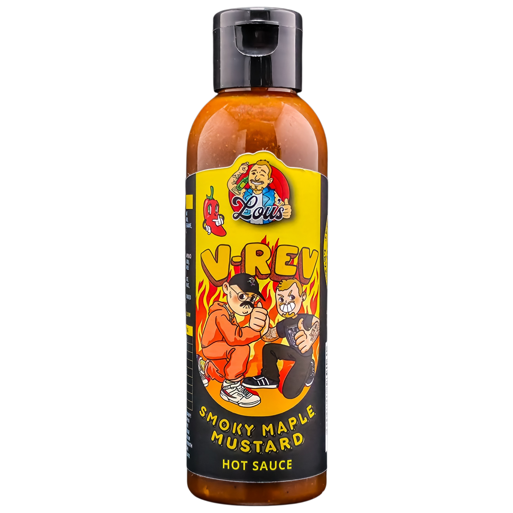 Lou's x V-Rev Smoky Maple Mustard Hot Sauce bottle, featuring label with smoky maple design and vibrant yellow cap.