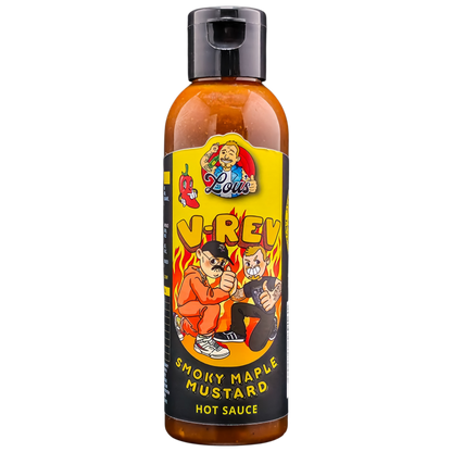 Lou's x V-Rev Smoky Maple Mustard Hot Sauce bottle, featuring label with smoky maple design and vibrant yellow cap.