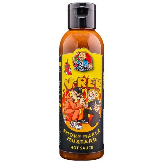 Lou's x V-Rev Smoky Maple Mustard Hot Sauce bottle, featuring label with smoky maple design and vibrant yellow cap.