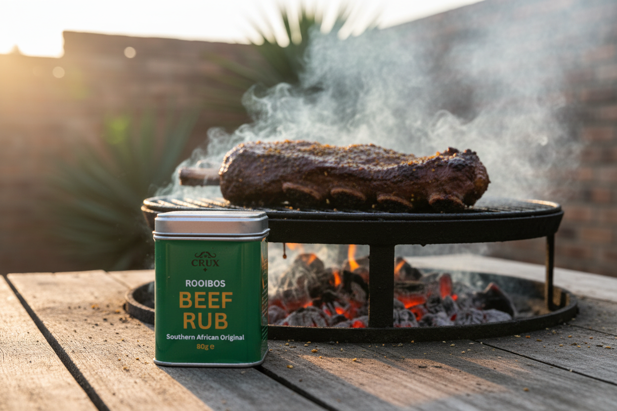 Crux BBQ Rooibos Beef Rub seasoning on beef ribs cooking on the braai, showcasing flavorful barbecue condiments.