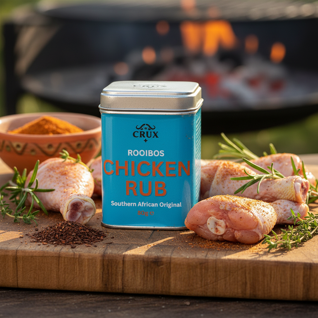 Crux BBQ Rooibos Chicken Rub in a jar, a flavorful BBQ condiment with rooibos tea for grilling and seasoning chicken.