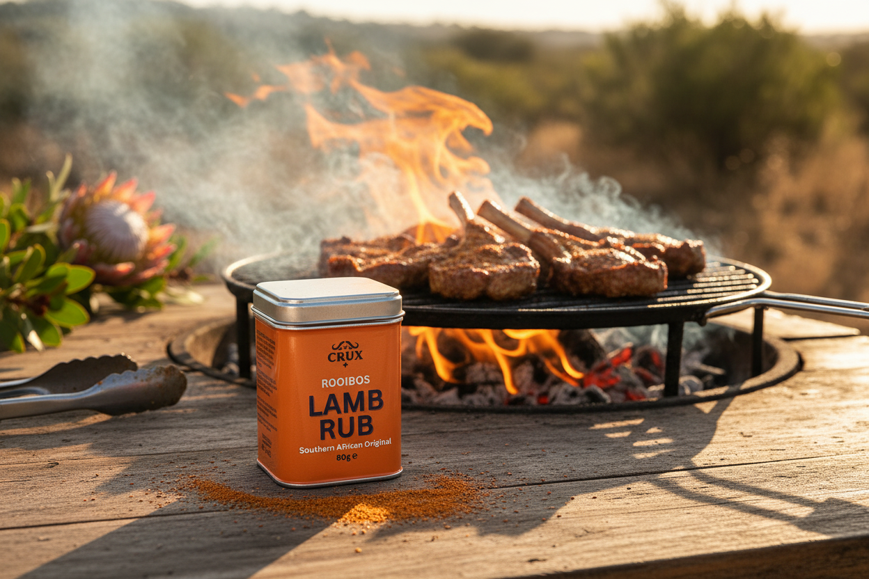 Crux BBQ Rooibos Lamb Rub seasoning with lamb chops on a grill, showcasing the flavorful BBQ condiment for lamb.