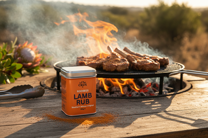 Crux BBQ Rooibos Lamb Rub seasoning with lamb chops on a grill, showcasing the flavorful BBQ condiment for lamb.