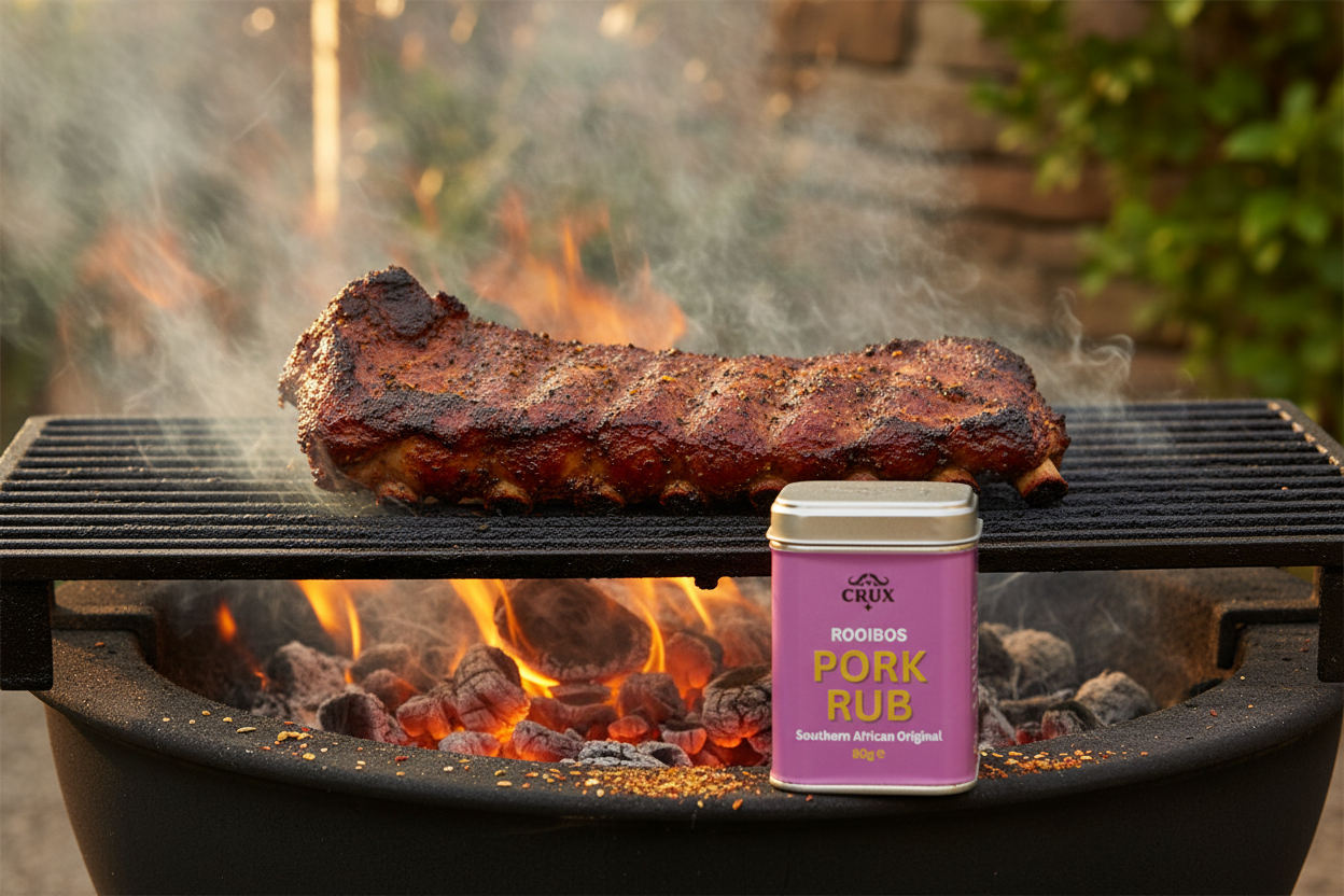 Crux BBQ Rooibos Pork Rub sprinkled on pork ribs grilling on a BBQ grill.