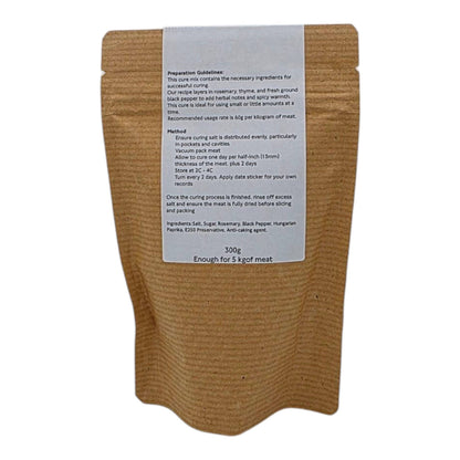 FireFly Barbecue Bacon Curing Kit with rosemary and black pepper, showing herbs and spices in the curing process.