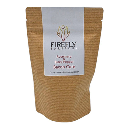 FireFly Barbecue Bacon Curing Kit with rosemary and black pepper, featuring ingredients and curing tools for homemade bacon.