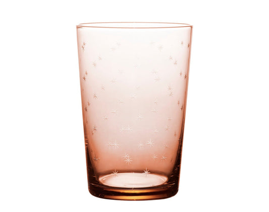 Four rose crystal tumblers with star design by The Vintage List, showcasing elegant glassware with floral and star patterns.