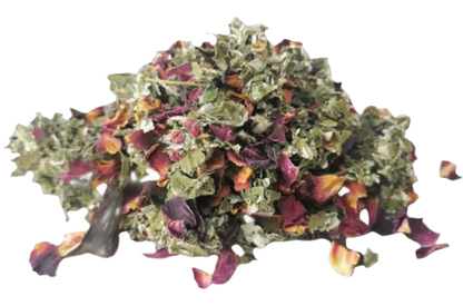 Porter Hill Tea Company Rubus et al. fruit and herbal blend in a transparent tea bag, with dried berries and herbs visible inside.