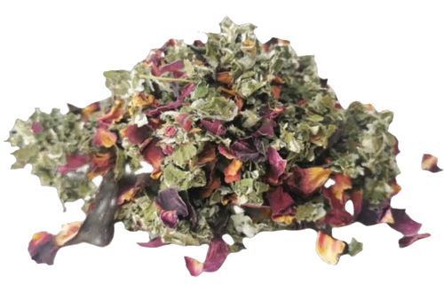 Porter Hill Tea Company Rubus et al. fruit and herbal blend in a transparent tea bag, with dried berries and herbs visible inside.