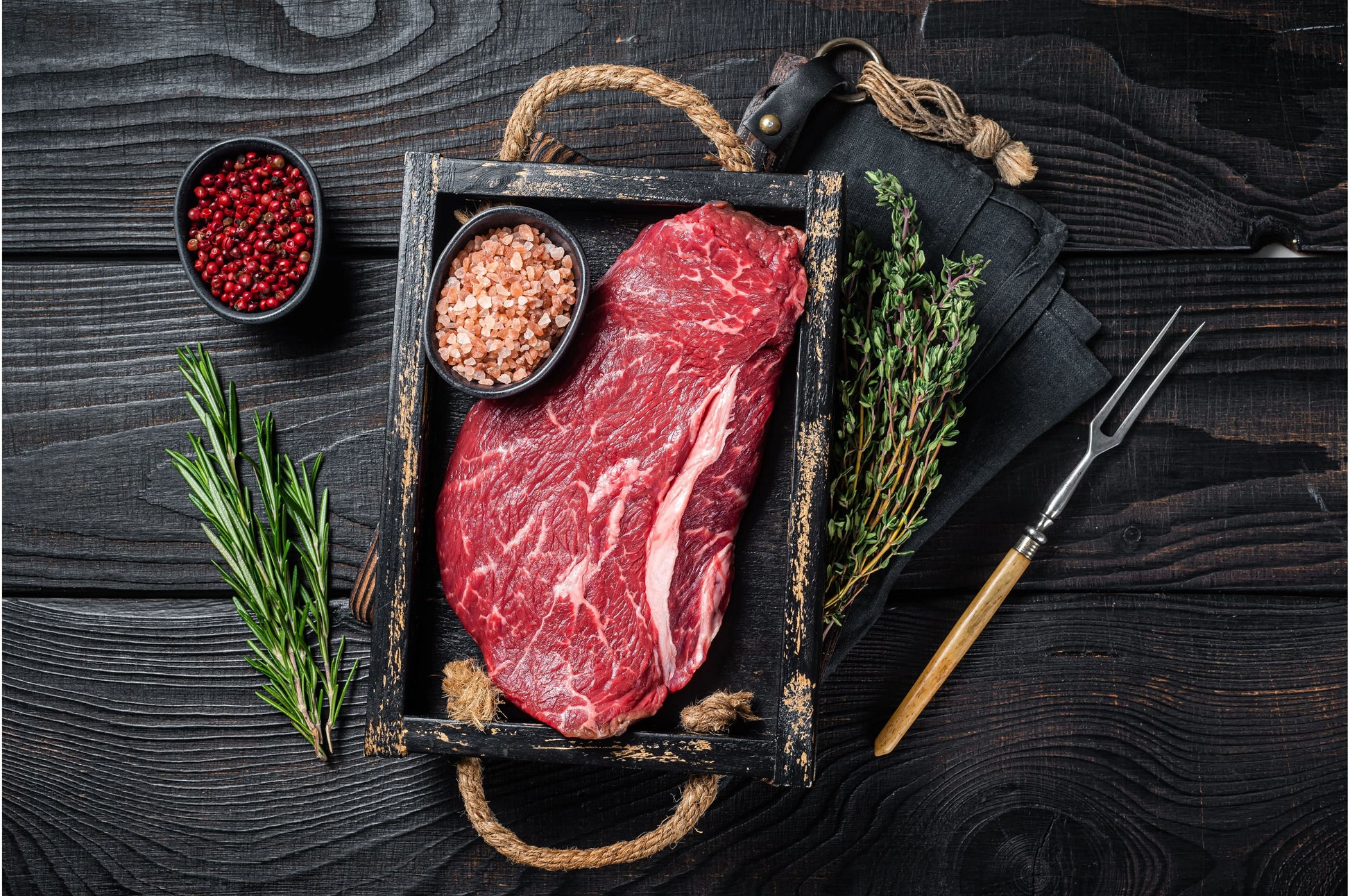 Primrose Herd grass-fed beef rump steak box, fresh beef steak with marbled texture and rich color, ready for grilling or cooking.