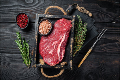 Primrose Herd grass-fed beef rump steak box, fresh beef steak with marbled texture and rich color, ready for grilling or cooking.