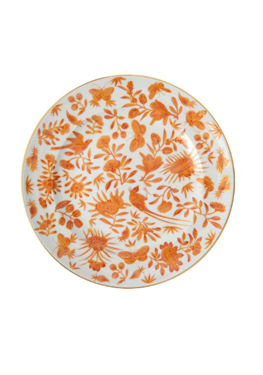 Set of four Casa by Josephine Jenno Sacred Bird and Butterfly Mottahedeh Archival Revival dessert plates with intricate bird and butterfly designs.